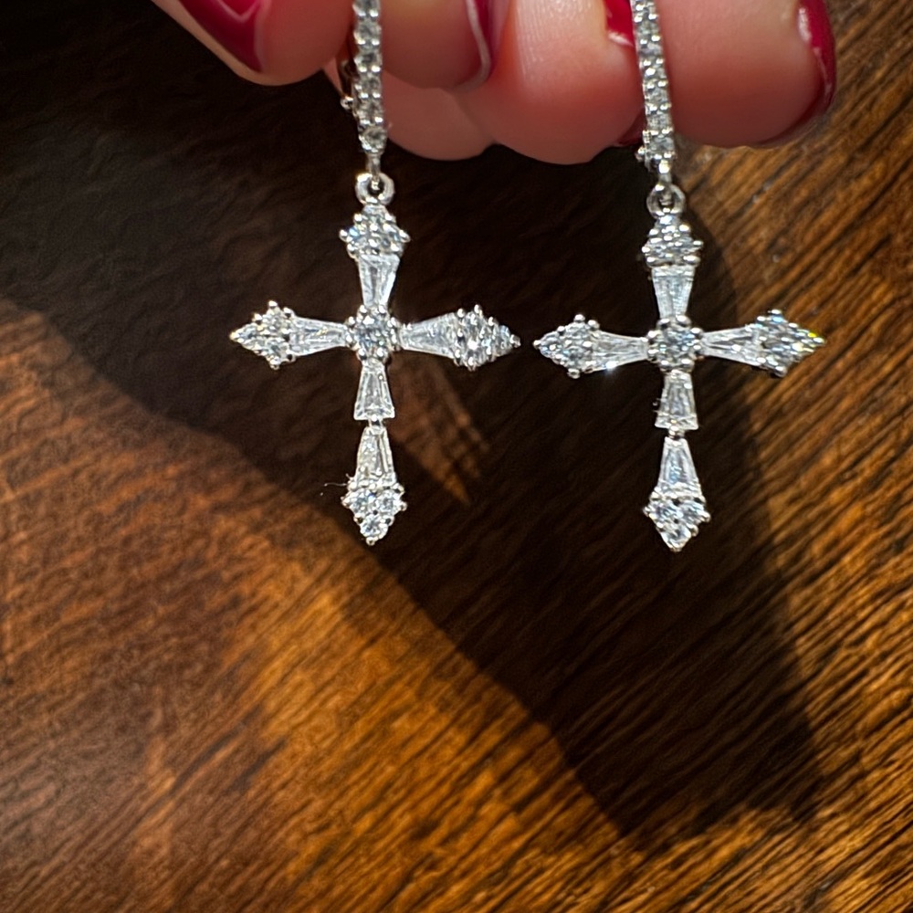 Sterling Silver Cross Drop Earrings with Clear Stones - Women Jewelry
